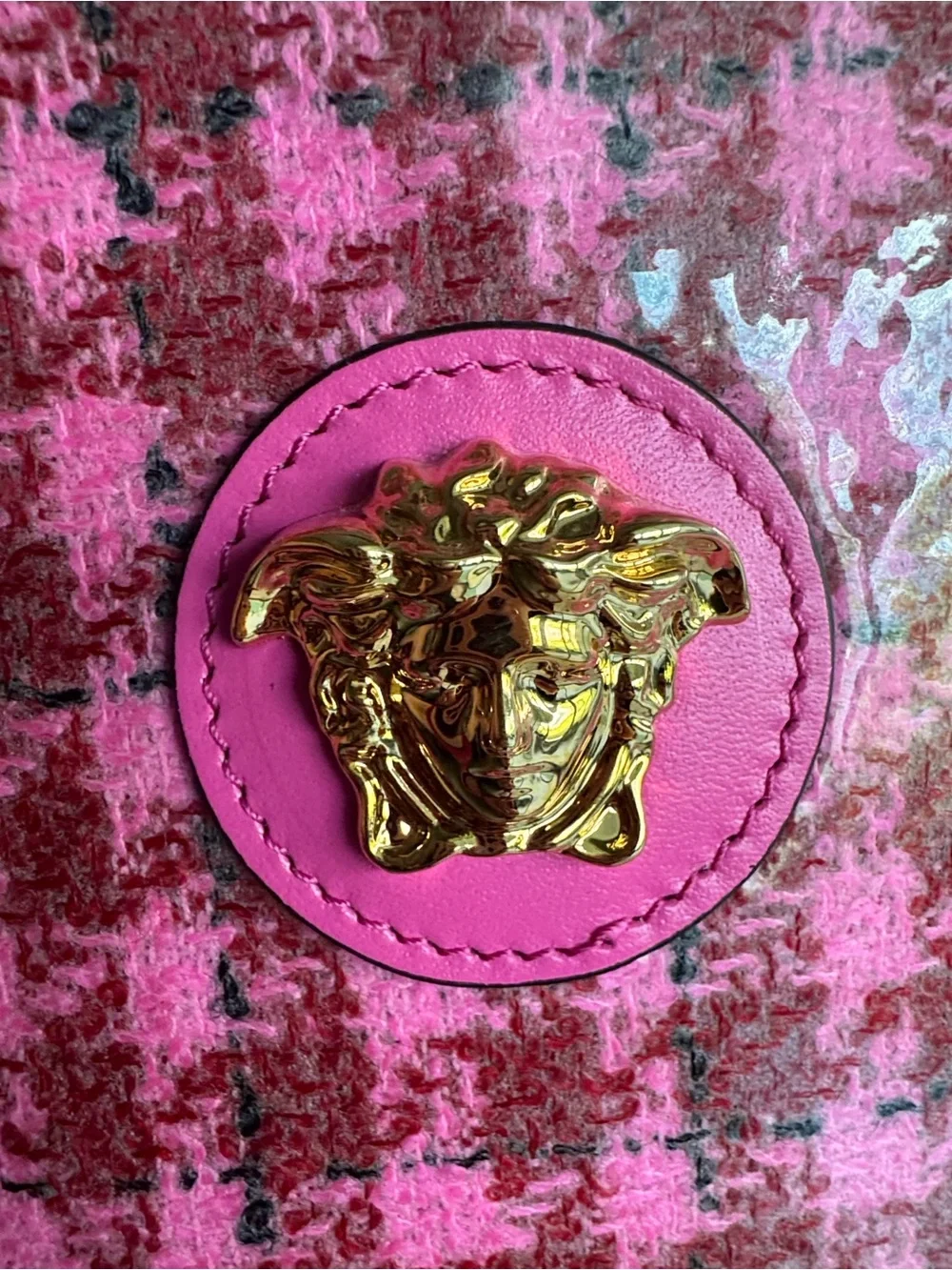 Versace Pink Glossy Tweed and Leather-Trim Two Way Bag with Gold Medusa EEEUC